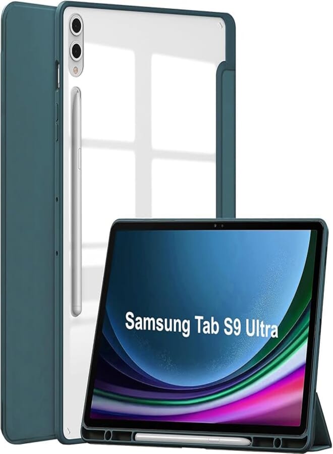 ProElite Cover for Samsung Galaxy Tab S8/S9 Ultra 14.6 inch, Flip Case Cover with S Pen Holder, Dark Green [Transparent Back]